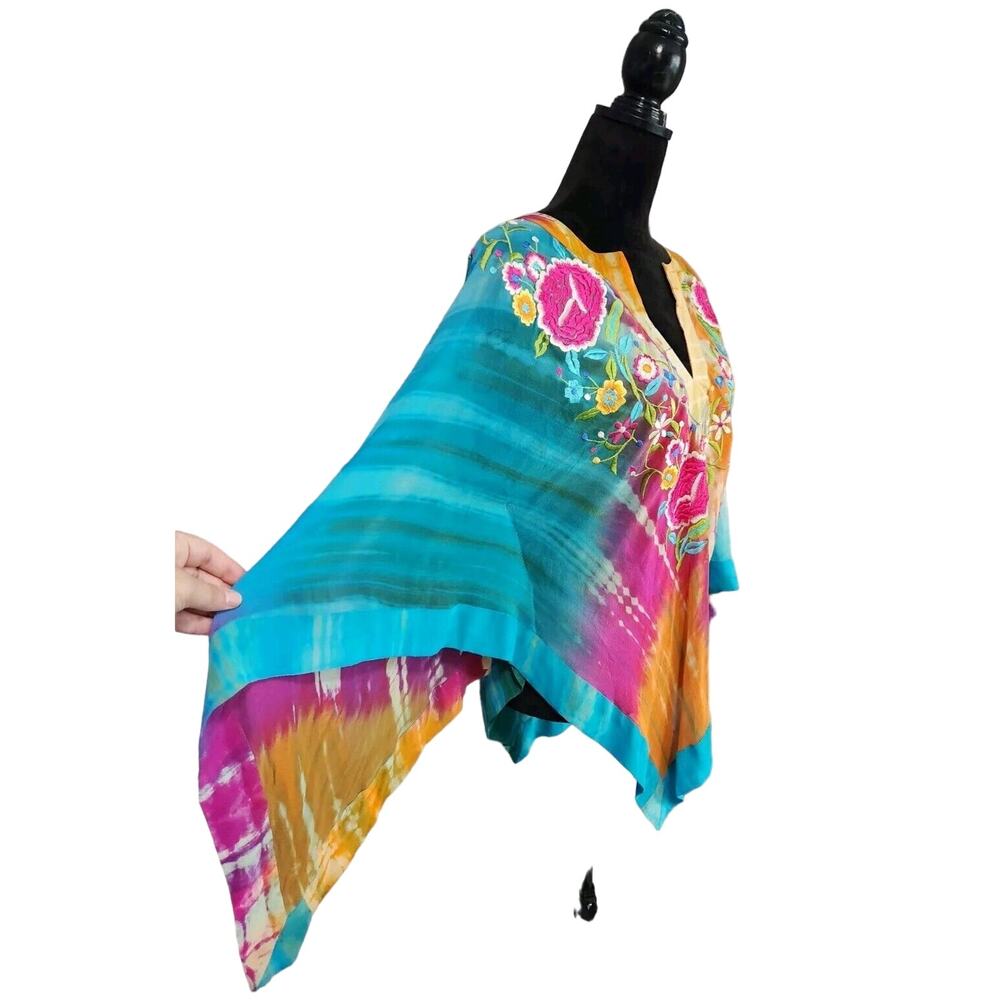 Tashia London Women's Silk Sheer V-neck Embroidered Poncho Top Multicolor Large - Picture 3 of 10
